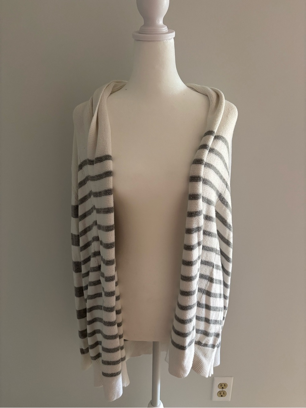 Cream and Gray Striped Open-Front Cardigan